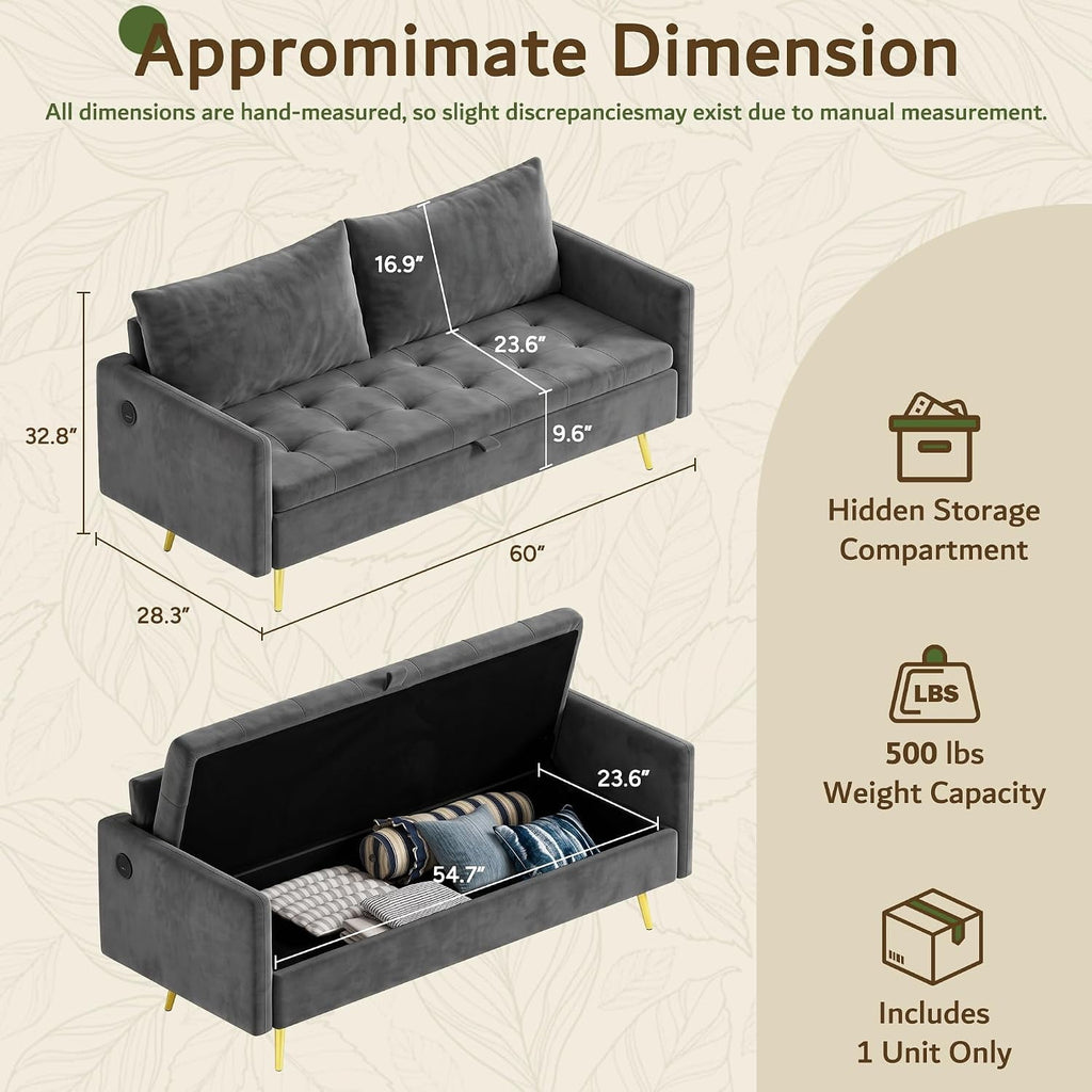 LAZZO 60" Loveseat Sofa with Hidden Storage, Fabric Upholstered Couch with USB Charging Ports for Living Room, Gray