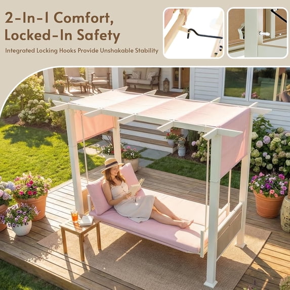 LAZZO 3 Seat Porch Swing, Outdoor pergola Swing 2-in-1 Convertible Swing Bed with Stand, Adjustable Canopy Side Pockets for Patio Backyard
