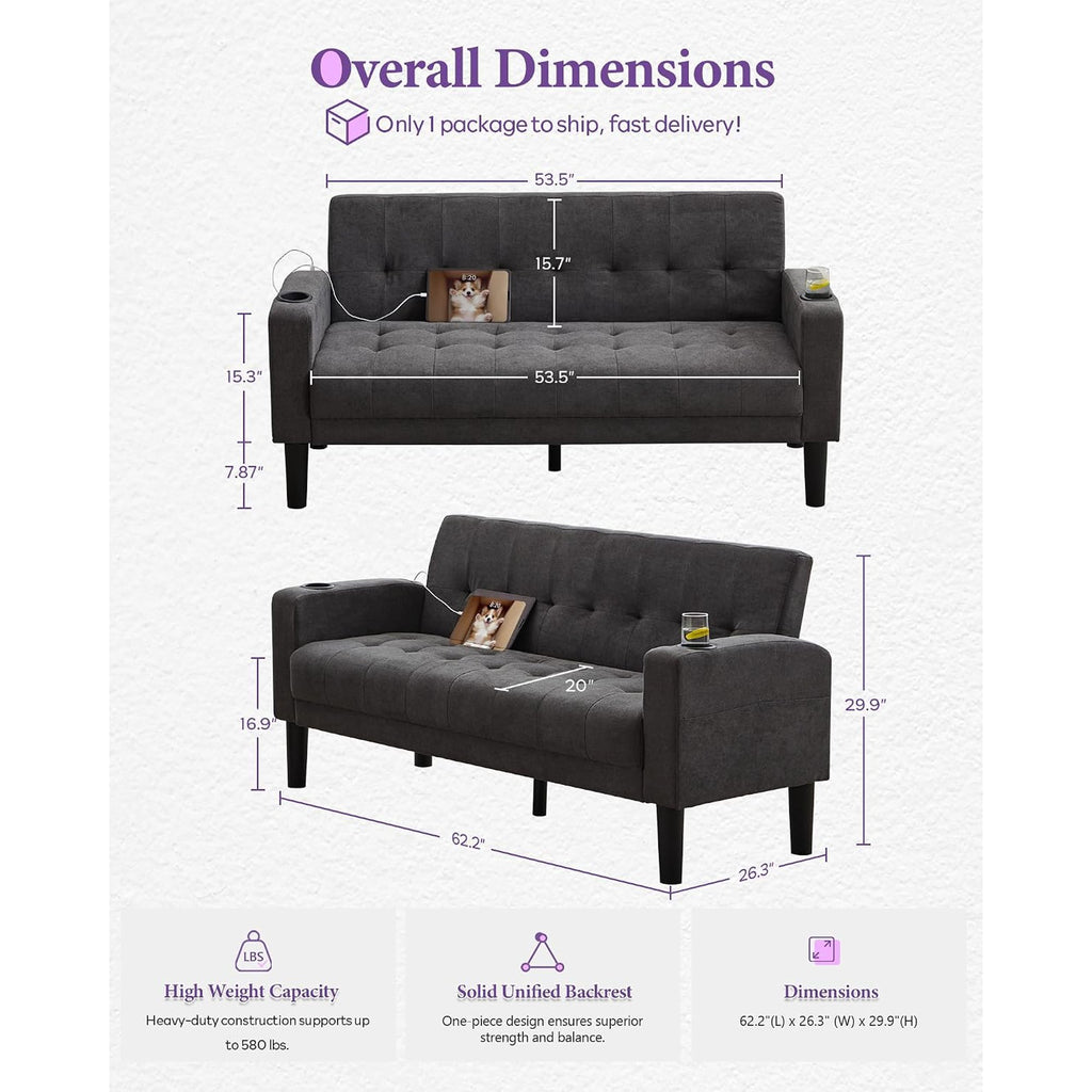 LAZZO 62" Loveseat, Mid-Century Modern Linen Upholstered Tufted Couch with USB Charging Ports and Cupholders, Dark Gray
