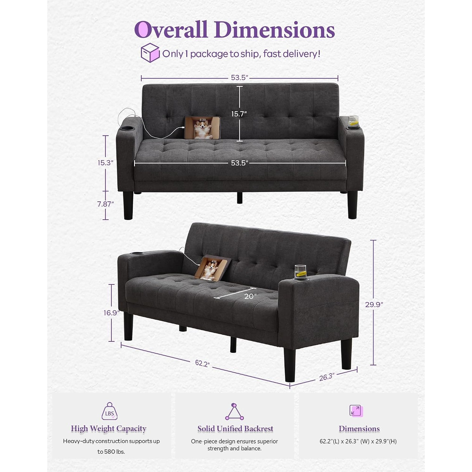 LAZZO 62" Loveseat, Mid-Century Modern Linen Upholstered Tufted Couch with USB Charging Ports and Cupholders, Dark Gray