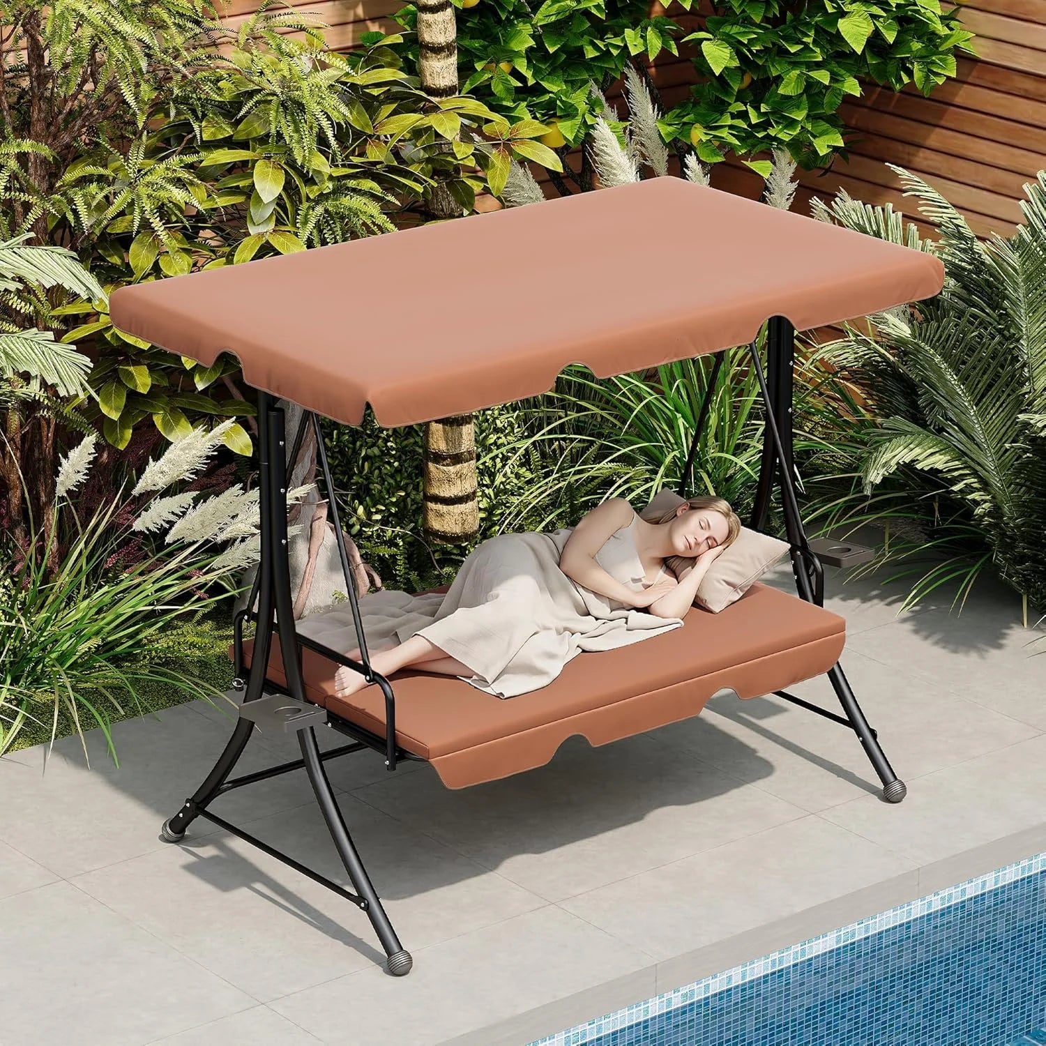LAZZO 3-Seat Outdoor Porch Swing with Stand, Reclining Lounge Bed Convertible, Adjustable Canopy & Removable Cushions, Brown