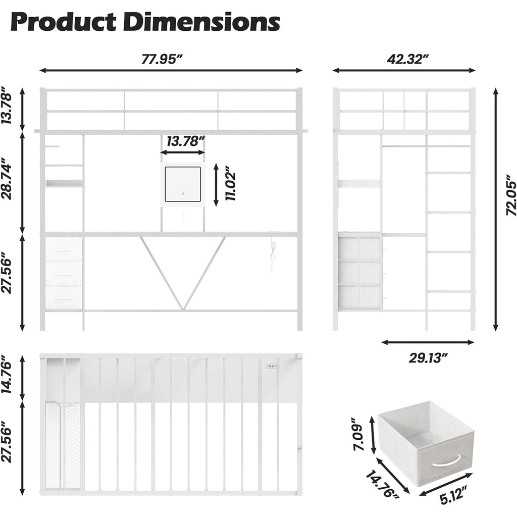 LAZZO Twin Loft Bed with Desk & Vanity, Built-in Power Strip, Storage Drawers, Space-Saving Metal Frame, No Box Spring Required, White