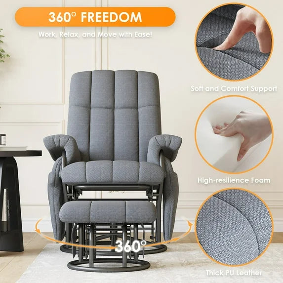 LAZZO Swivel Glider Recliner with Ottoman, 360° Rocking Chair with Footrest & Side Pockets, Living Room Bedroom Office Recliner, Gray