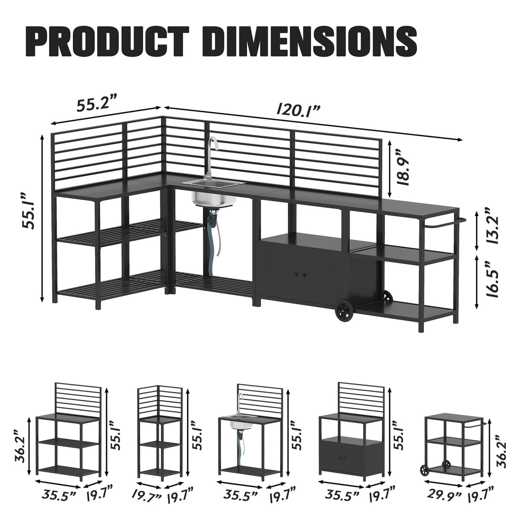 LAZZO Outdoor Modular Kitchen Island Grill Cart, Metal BBQ Prep Table with Storage Cabinet, Steel Sink, Faucet and Drainage System, Black