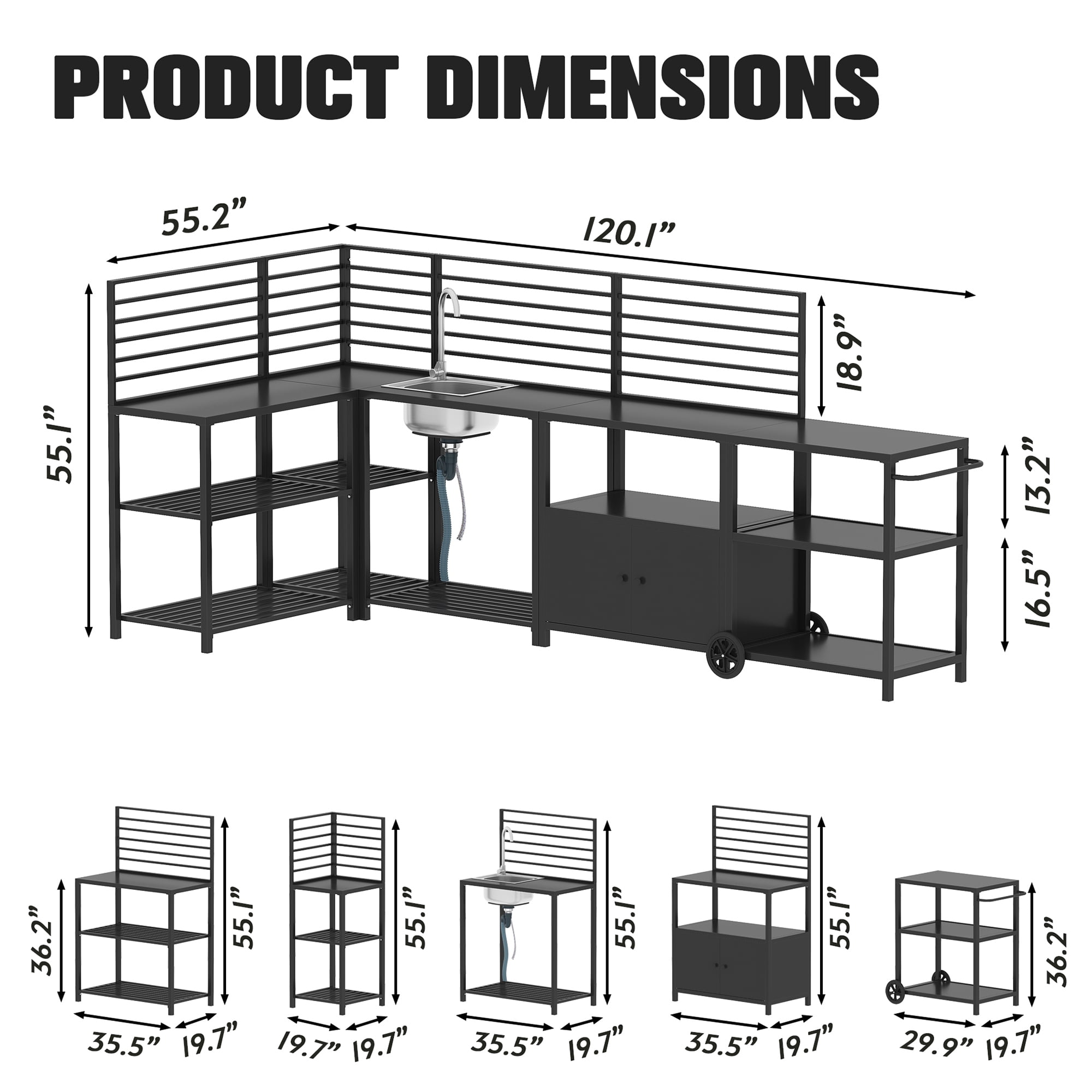 LAZZO Outdoor Modular Kitchen Island Grill Cart, Metal BBQ Prep Table with Storage Cabinet, Steel Sink, Faucet and Drainage System, Black