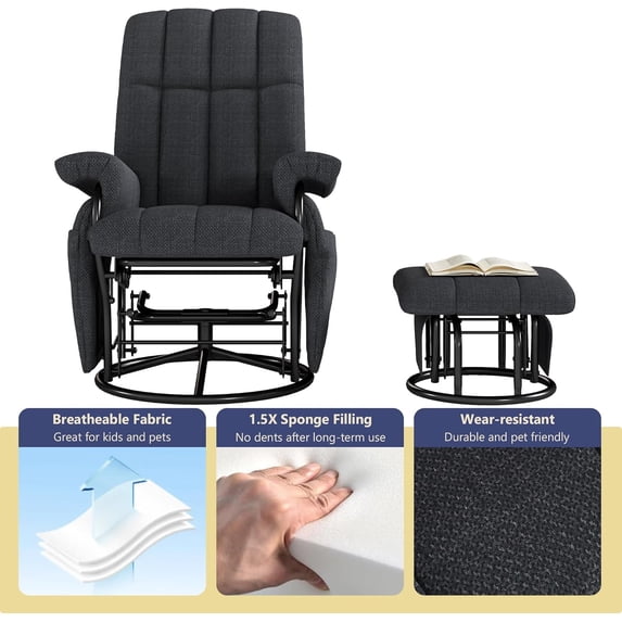 LAZZO Swivel Rocking Recliner Chair, Nursery Glider Chair with Ottoman and Side Pockets for Living Room and Bedroom, Gray