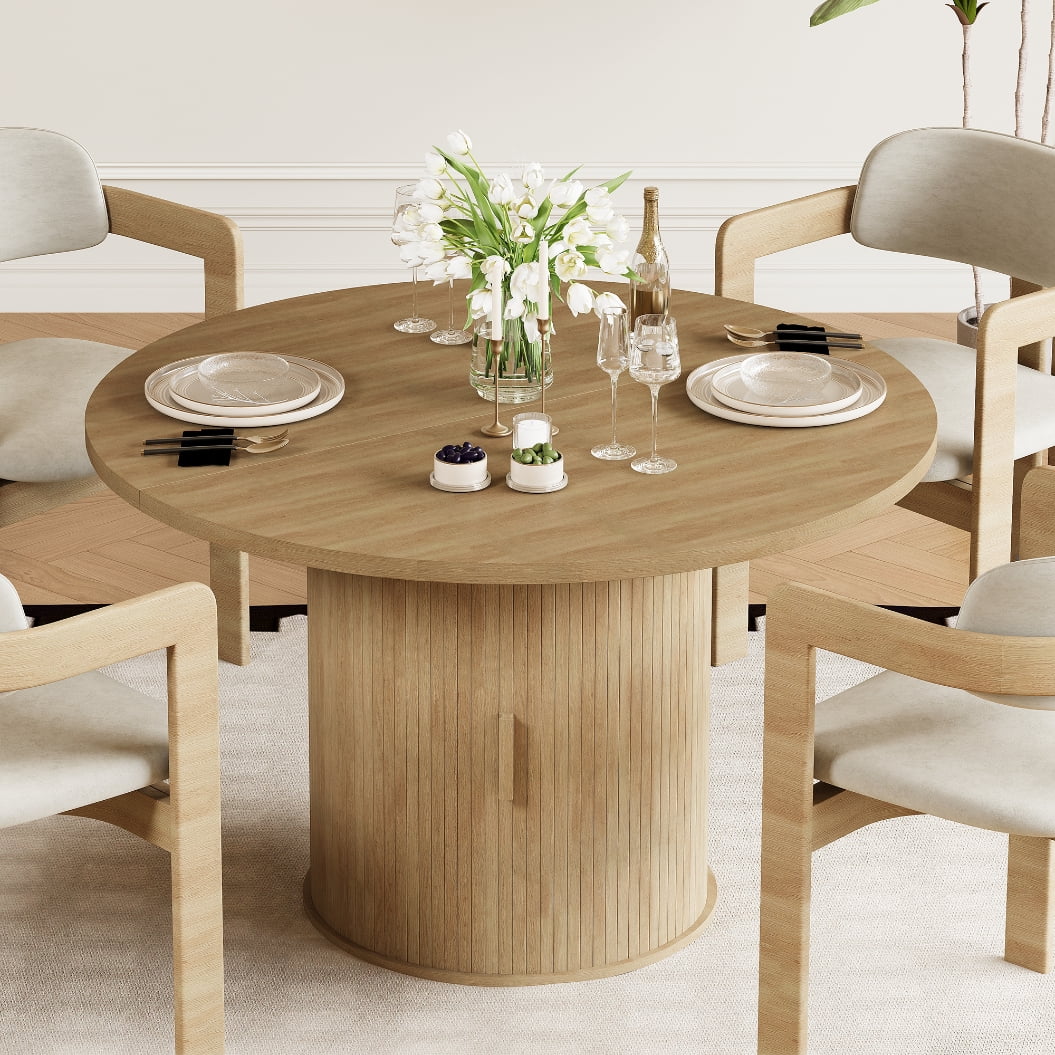 LAZZO 47" Round Dining Table with Storage, Modern Fluted Side Shelf, Seats 4-6 for Kitchen Dining Room, Natural Wood Color