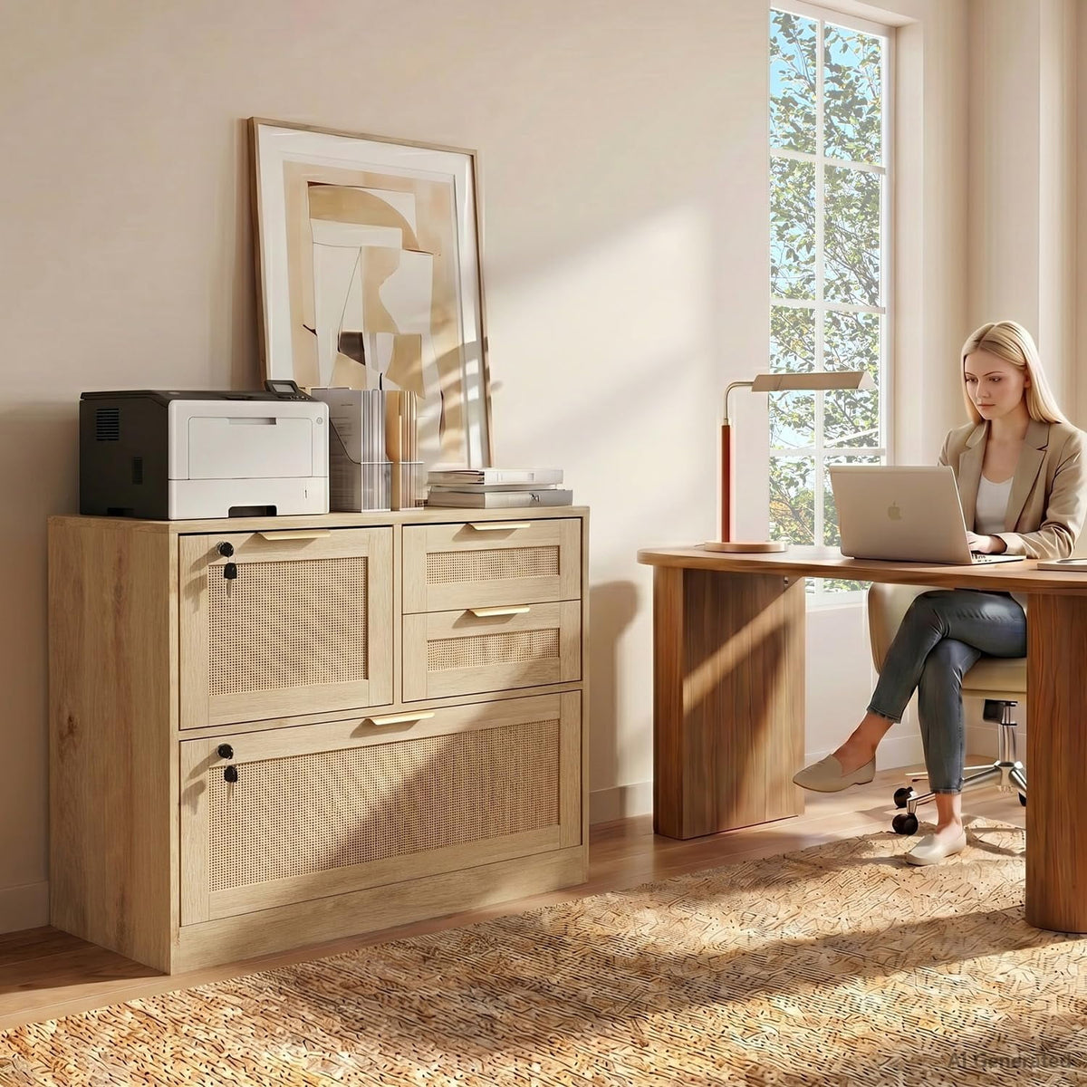 LAZZO File Cabinet with Lock, 4-Drawer Rattan-Front Wood Filing Cabinet for Letter, Legal, A4 and F4 Files, Natural Wood Finish