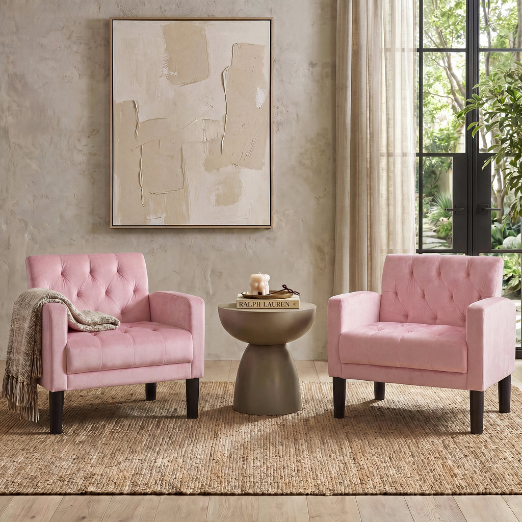TYBOATLE Accent Chairs Set of 2, Mid Century Modern Upholstered Tufted Living Room Chair for Bedroom, Armchair Single Sofa,Reading Lounging Side Lounge Office Chair (Pink)