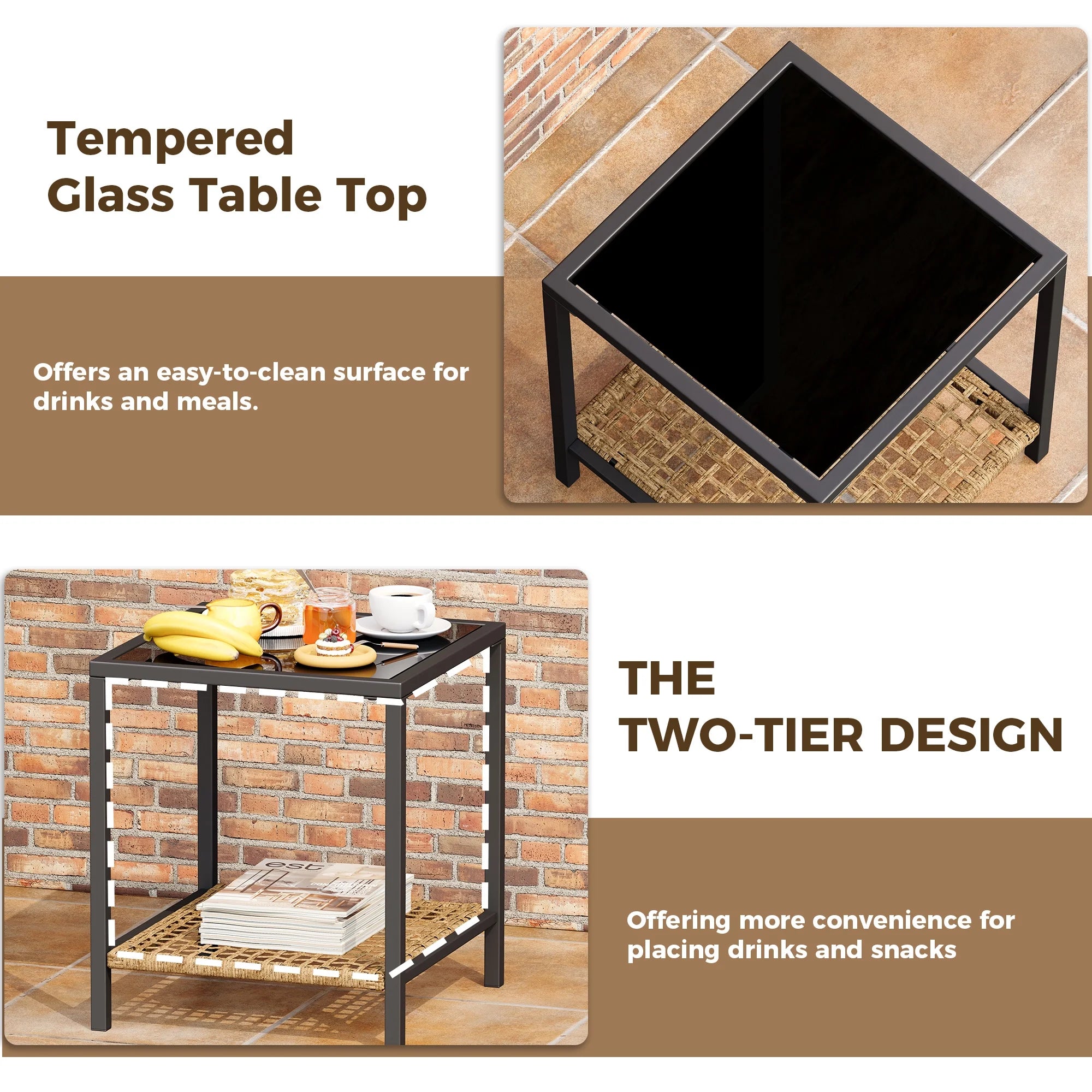 LAZZO 3 Pieces Patio Outdoor Conversation Set with Lumbar Pillows and Coffee Table, PE Wicker Rocking Chairs with Beige Cushions