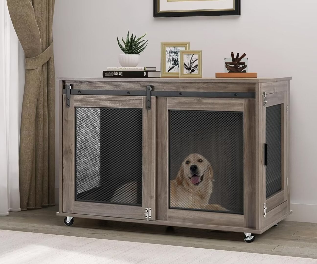 AODAILIHB 40" Wood Heavy Duty Dog Crate，Indoor Dog Kennel Furniture with Sliding Doors, Wheeled Pet Furniture for Large Medium Dogs