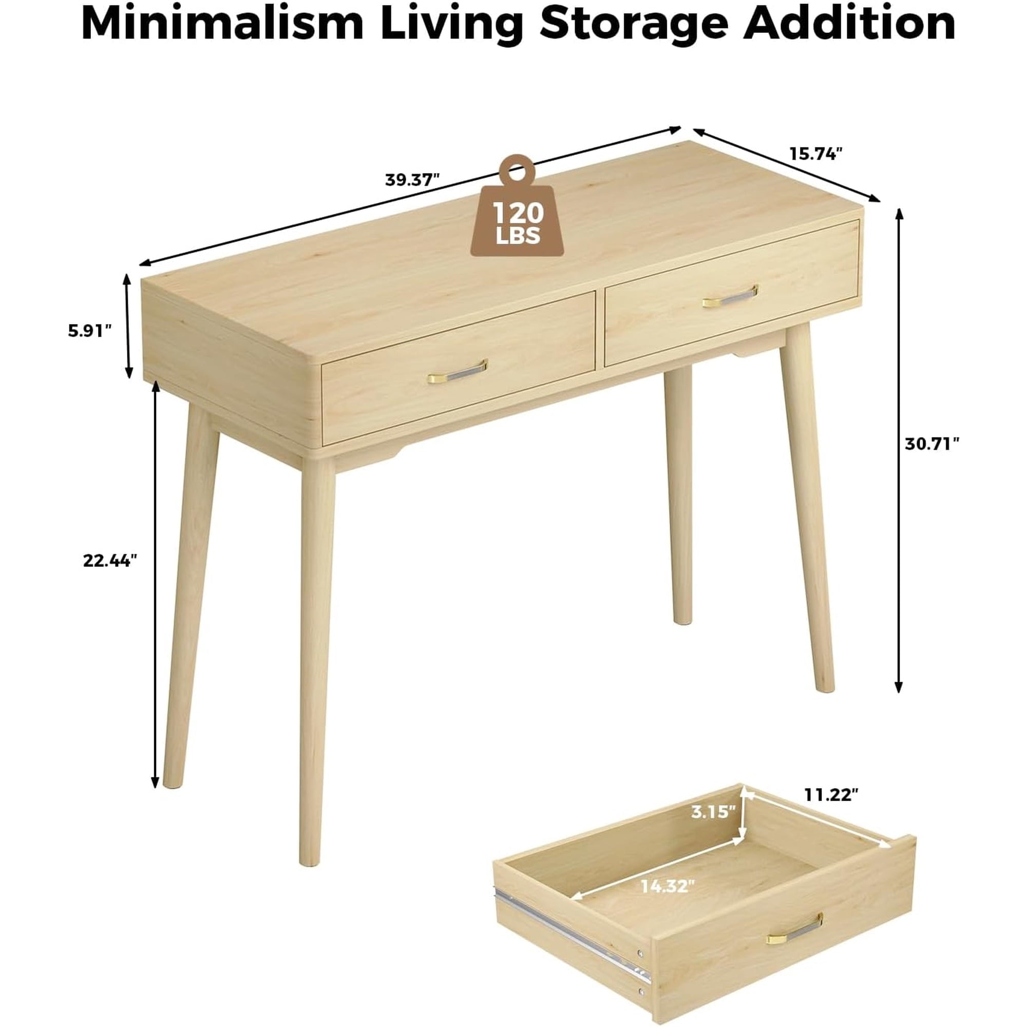 LAZZO 40" Desk with Drawers, Modern Vanity Computer Desk for Bedroom and Small Spaces, Natural Wood