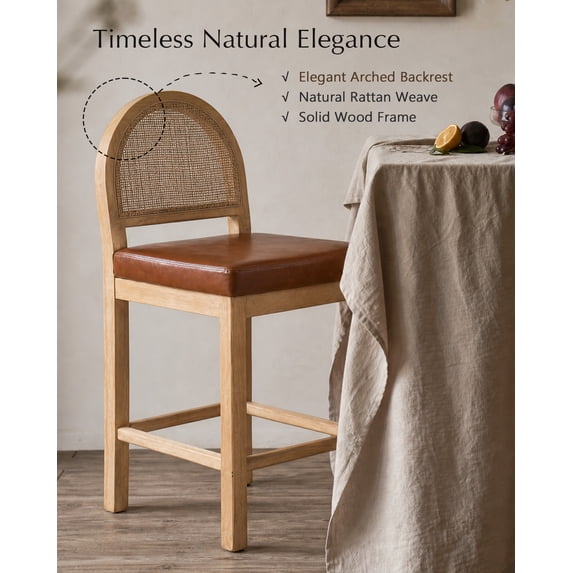 LAZZO Rattan Bar Stools Set of 3, Wooden Counter Height Stools with Rattan Woven Back and Chenille Seat for Dining Room, Brown