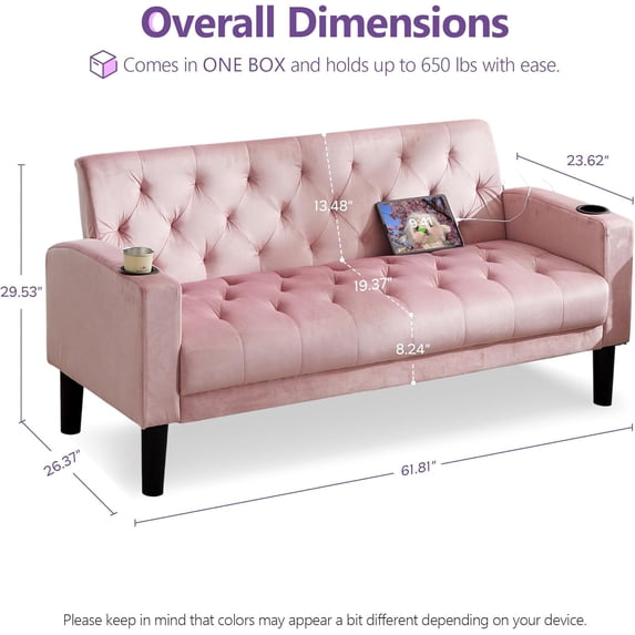 LAZZO 62" Loveseat Sofa, Tufted Couch with USB Ports and Cupholders for Living Room, Office and Bedroom, Pink