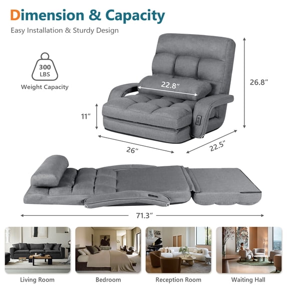 LAZZO Floor Gaming Chair with USB Charging Ports, Folding Lounge Chair with Armrests and 5-Position Adjustable Backrest, Gray