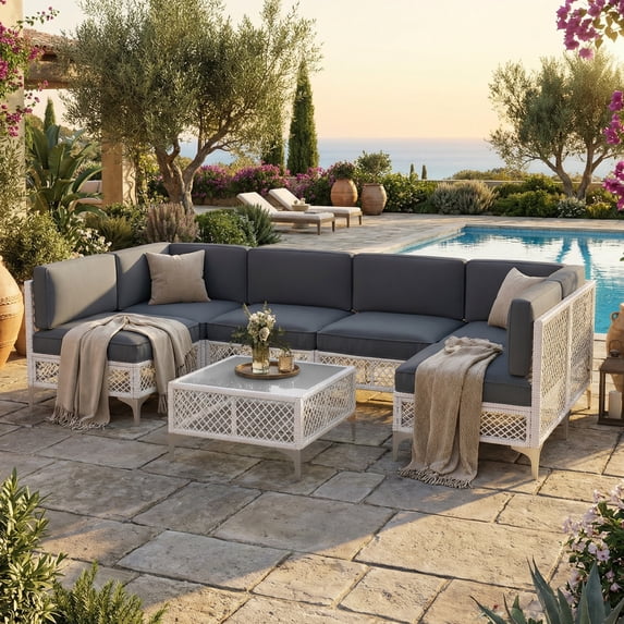 LAZZO 7-Piece Patio Furniture Set, Outdoor Wicker Conversation Set with Thick Cushions & Coffee Table for Backyard and Garden, Gray