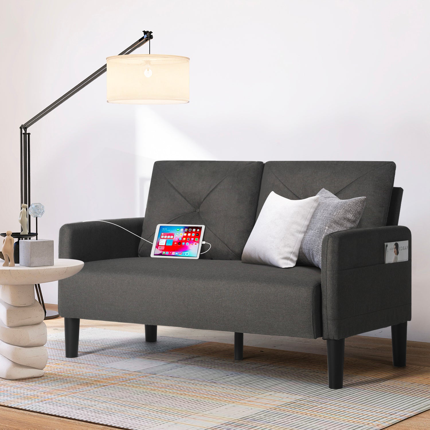 CHYMSUN Loveseat Sofa, 2 Pieces Set Mid Century Modern Sofa Couch w/ 2 USB & Side Pocket, Tufted Small Love Seat Sofas for Living Room, Small Spaces, Office, Apartment Furniture (2, Dark Grey)