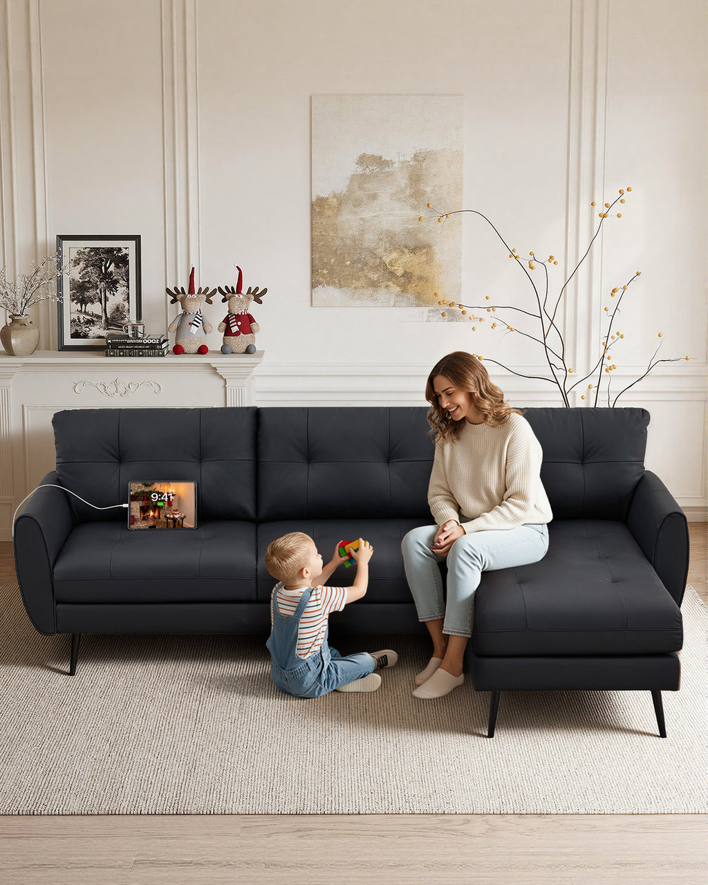 TYBOATLE 3 Seat L Shaped Leather Sectional Couches for Living Room, Faux Leather Couch w/USB & Type-C Charging Port, Small Sectional Sofa w/Deep-Seat Chaise (Black)