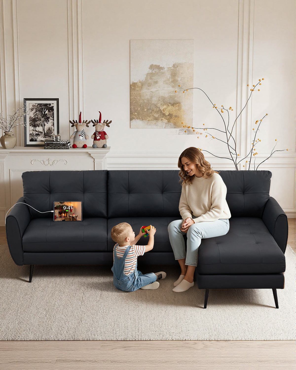 TYBOATLE 3 Seat L Shaped Leather Sectional Couches for Living Room, Faux Leather Couch w/USB & Type-C Charging Port, Small Sectional Sofa w/Deep-Seat Chaise (Black)