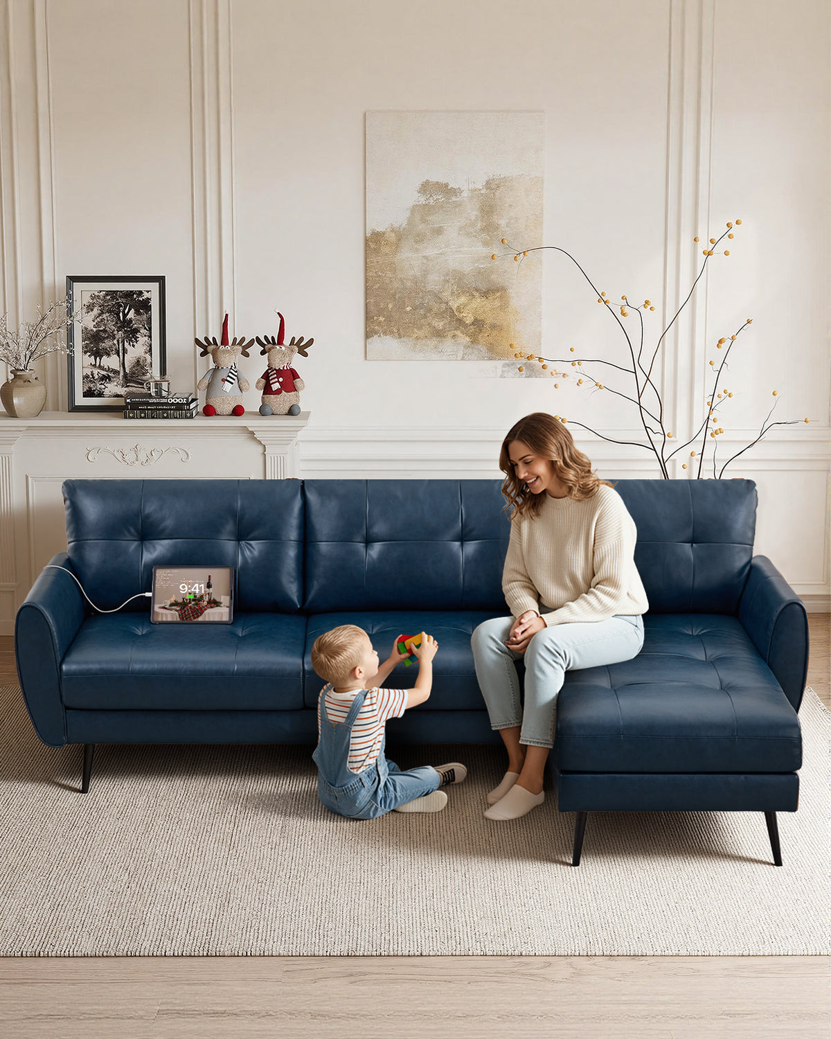 TYBOATLE 3 Seat L Shaped Leather Sectional Couches for Living Room, Faux Leather Couch w/USB & Type-C Charging Port, Small Sectional Sofa w/Deep-Seat Chaise (Blue)