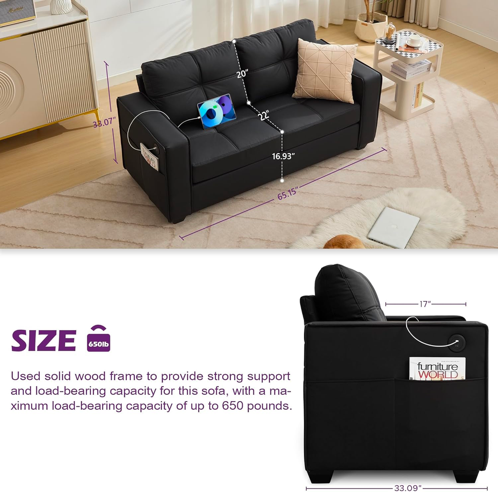 TYBOATLE 65" Faux Leather Loveseat for Living Room, Mid-Century Modern Tufted Comfy Loveseat w/USB Charging Ports and Wide Arms, 2 Seater Office Small Couch for Small Space Bedroom, Black