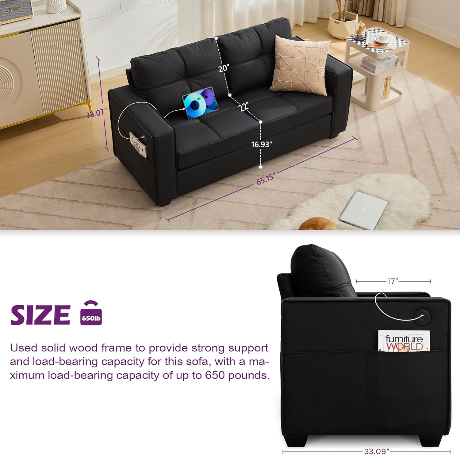 TYBOATLE 65" Faux Leather Loveseat for Living Room, Mid-Century Modern Tufted Comfy Loveseat w/USB Charging Ports and Wide Arms, 2 Seater Office Small Couch for Small Space Bedroom, Black