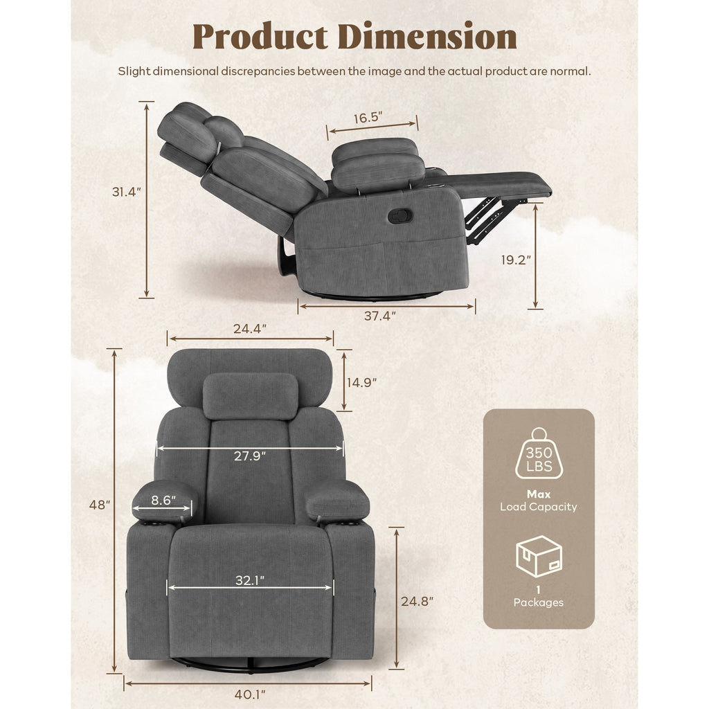LAZZO Nursery Recliner Chair, 360° Swivel Rocking Glider with Adjustable Headrest, Armrests, Footrest, Cup Holder and Lumbar Pillow, Gray