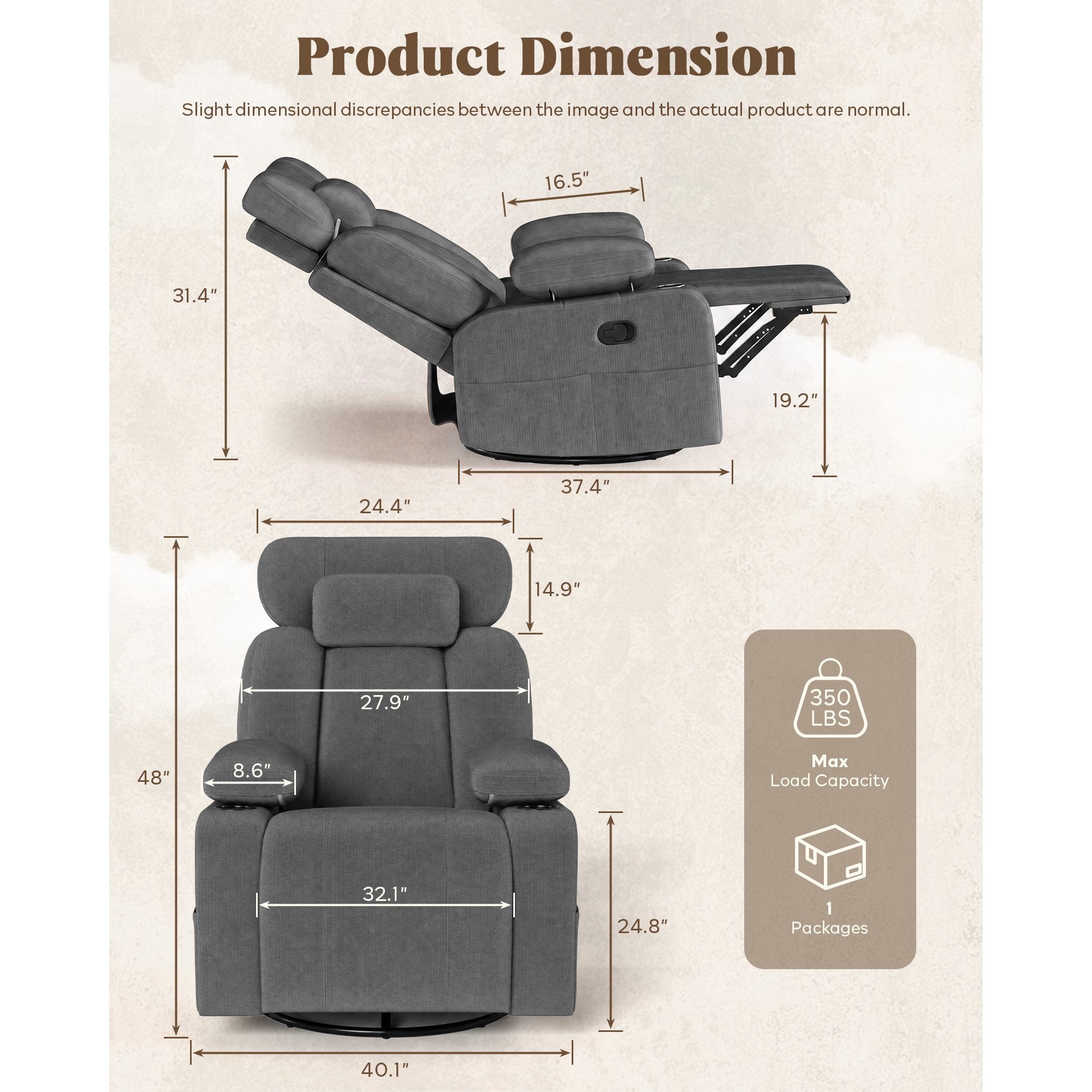 LAZZO Nursery Recliner Chair, 360° Swivel Rocking Glider with Adjustable Headrest, Armrests, Footrest, Cup Holder and Lumbar Pillow, Gray