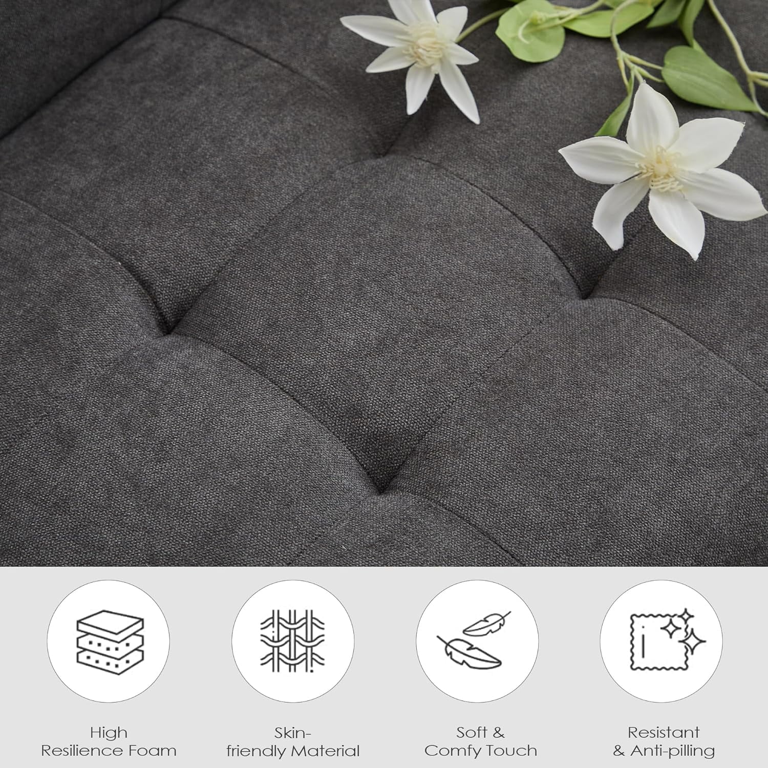 LAZZO 62" Mid-Century Modern Loveseat Sofa, Faux Leather Tufted Compact Couch with USB Ports & Cupholders, Dark Gray