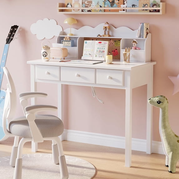 LAZZO 36“ Writing Desk with Built-in Outlet and Detachable Hutch, Wooden Computer Desk for Small Place and Home Office, White