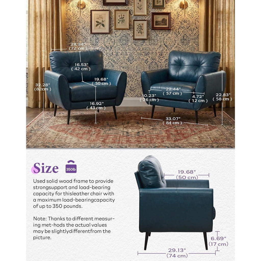 LAZZO Tufted Leather Accent Chair, Mid-Century Modern Upholstered Armchair for Living Room and Bedroom, Blue