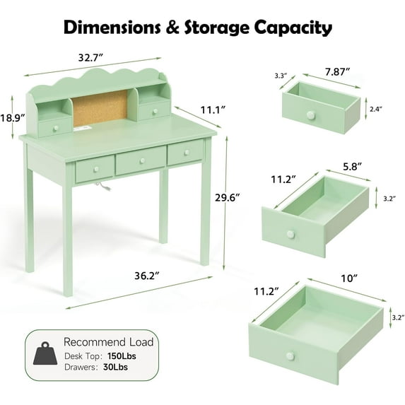LAZZO 36“ Writing Desk with Built-in Outlet and Detachable Hutch, Wooden Computer Desk for Small Place and Home Office, Green