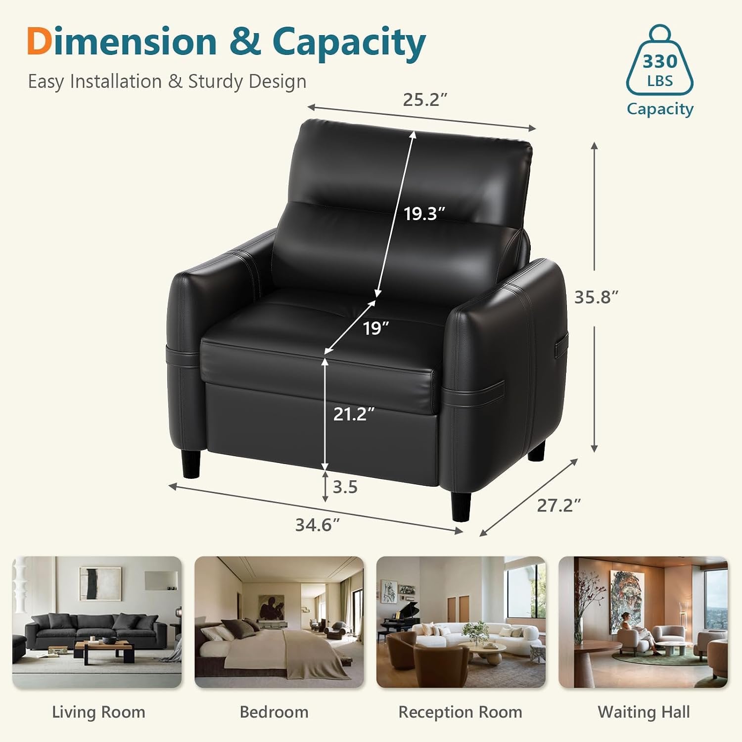 LAZZO Oversized Accent Chair Set of 2, Modern Upholstered Leather Deep Seat Armchair for Office and Living Room, Black