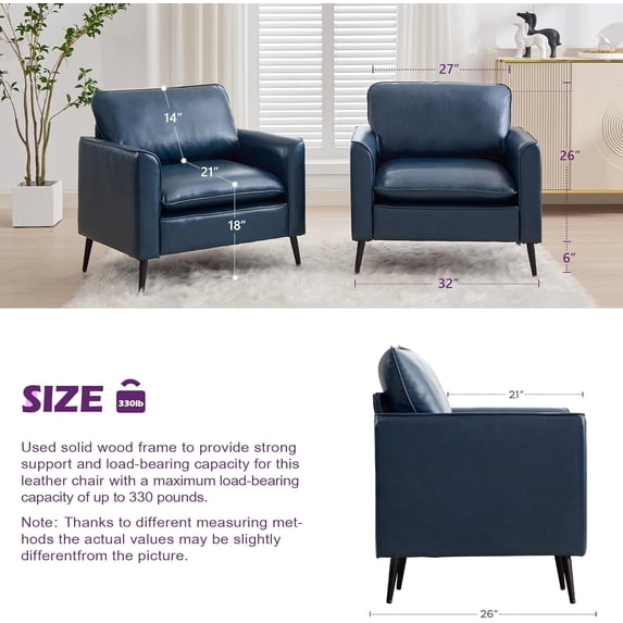 LAZZO Faux Leather Accent Chair, Comfy Armchair for Reading Living Room Bedroom and Office, Blue