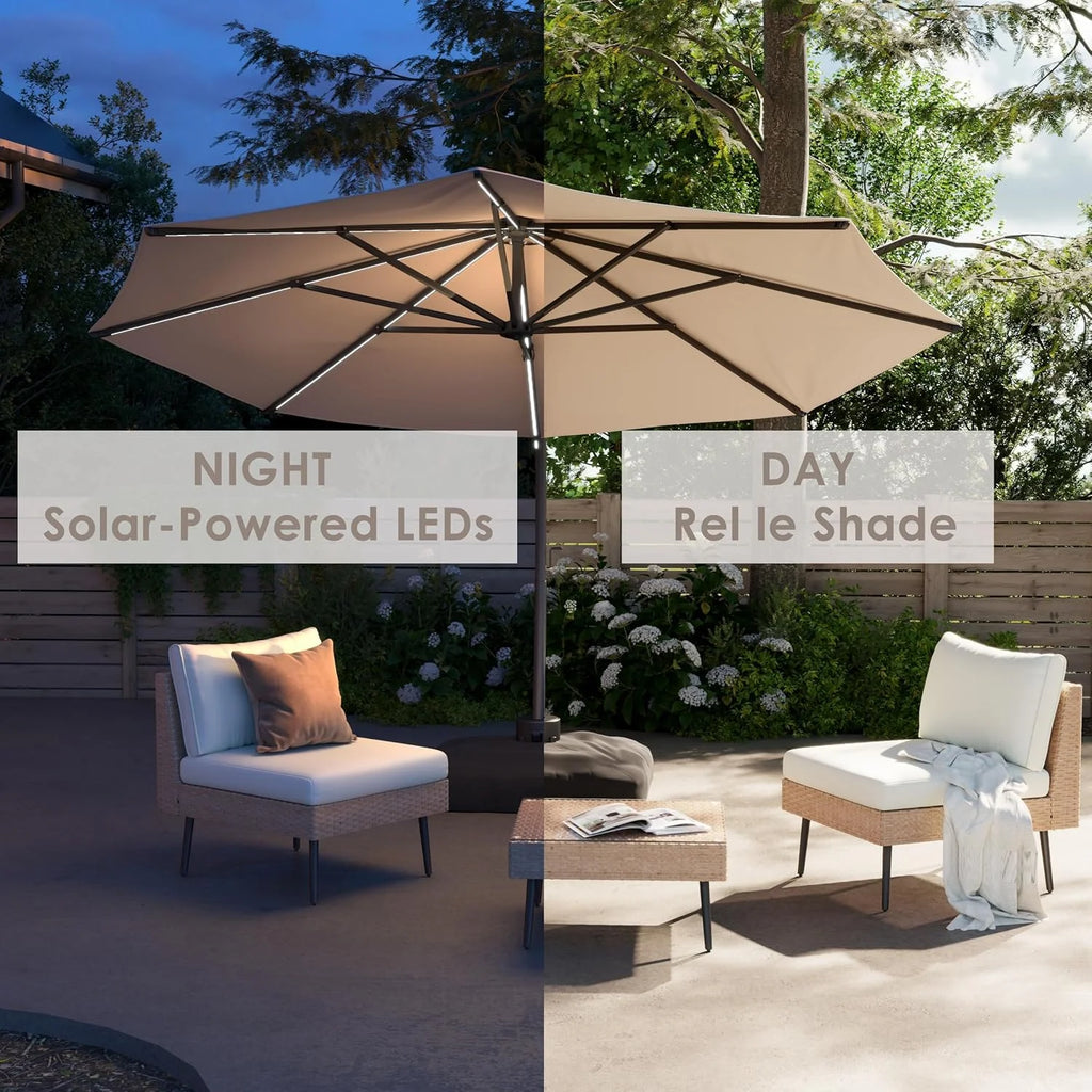 LAZZO 12FT Patio Umbrella with Solar Powered LED Light and Base, Outdoor Deluxe Cantilever Cantilever Umbrella for Patio Pool Deck, Champagne