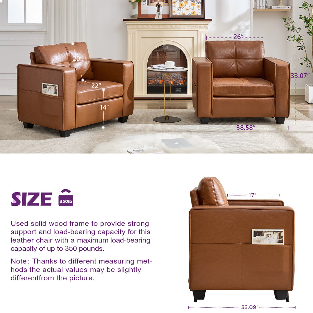 TYBOATLE Brown Faux Leather Accent Chairs Set of 2, Comfy Living Room Chair Reading Oversized Accent Chairs Tufted Mid Century Modern Arm Chair, Wider Armchair for Office Bedroom Lobby