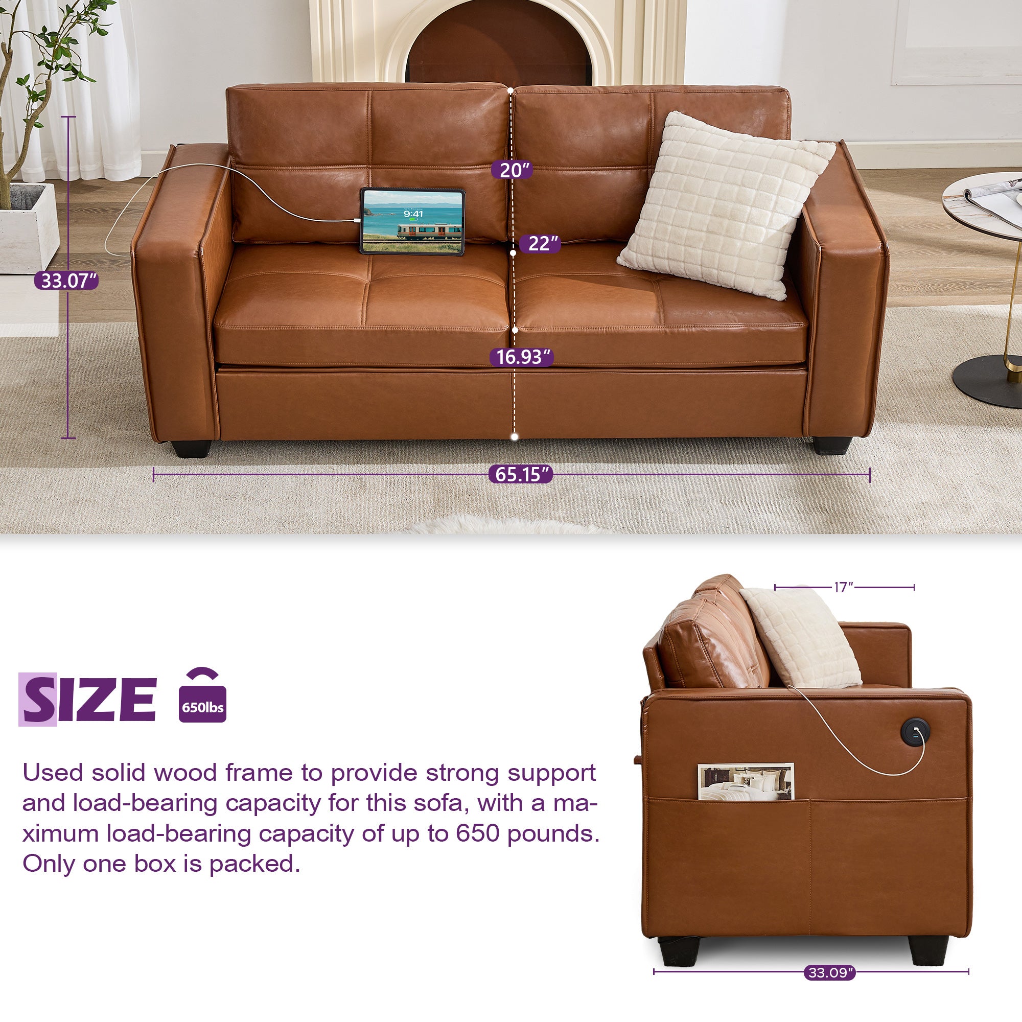 TYBOATLE 65" Faux Leather Sofa Couches for Living Room, Mid-Century Modern Tufted Comfy Loveseat w/USB Charging Ports and Wide Arms, 2 Seater Office Small Couch for Small Space Bedroom, Brown 2 Seater