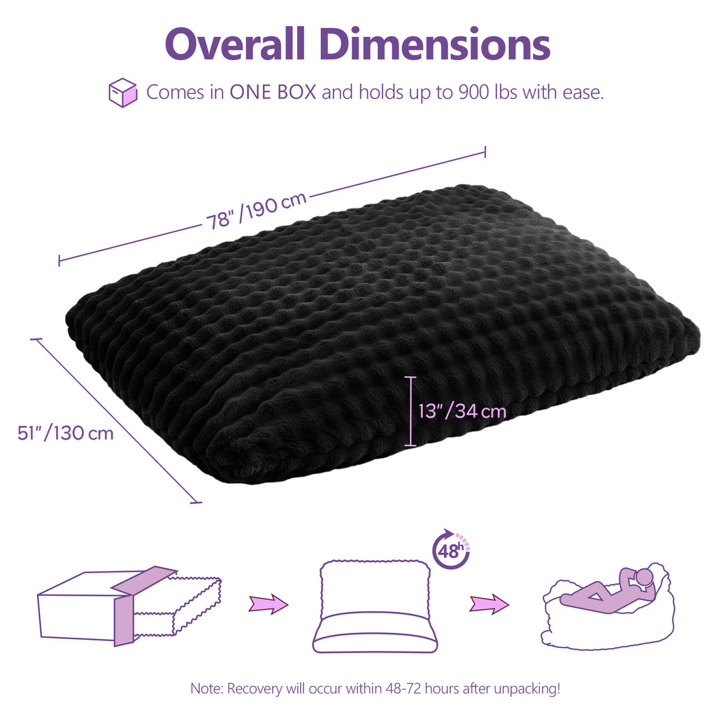 TYBOATLE 3 in 1 Giant Bean Bag Chair for Adults, Plush Fluffy Bean Bag Couch w/High-Density Memory Foam Filling, Convertible Floor Sofa to Mattress for Dorm, Apartment, Bedroom (Black)