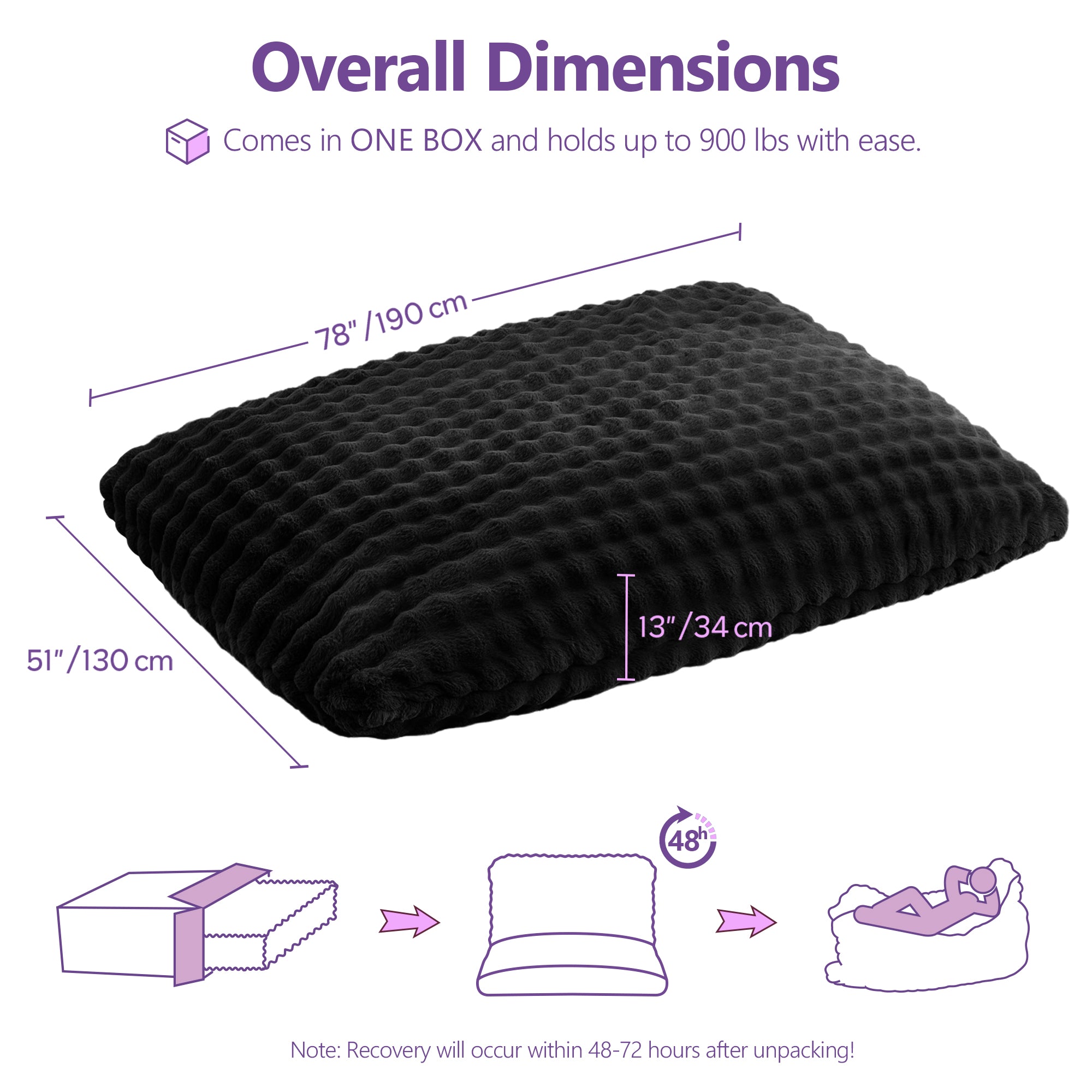 TYBOATLE 3 in 1 Giant Bean Bag Chair for Adults, Plush Fluffy Bean Bag Couch w/High-Density Memory Foam Filling, Convertible Floor Sofa to Mattress for Dorm, Apartment, Bedroom (Black)