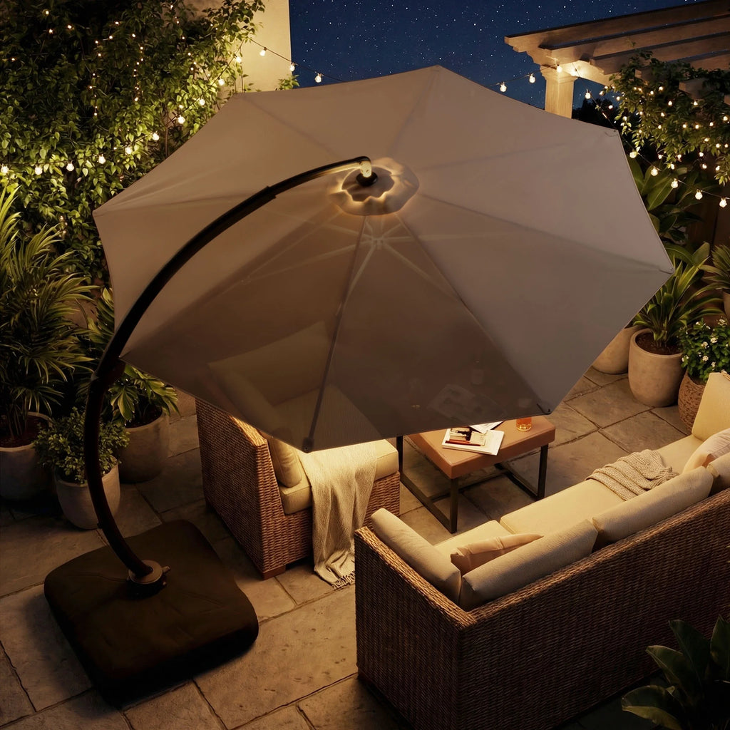 LAZZO 11FT Patio Umbrella with Solar LED Light and Base, Outdoor Deluxe Cantilever Cantilever Umbrella for Patio Pool Deck, Champagne