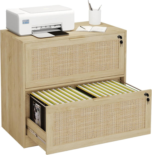 AODAILIHB File Storage Cabinet, Under Desk 2-Drawer File Cabinet, Locking Wooden Rattan File Cabinet