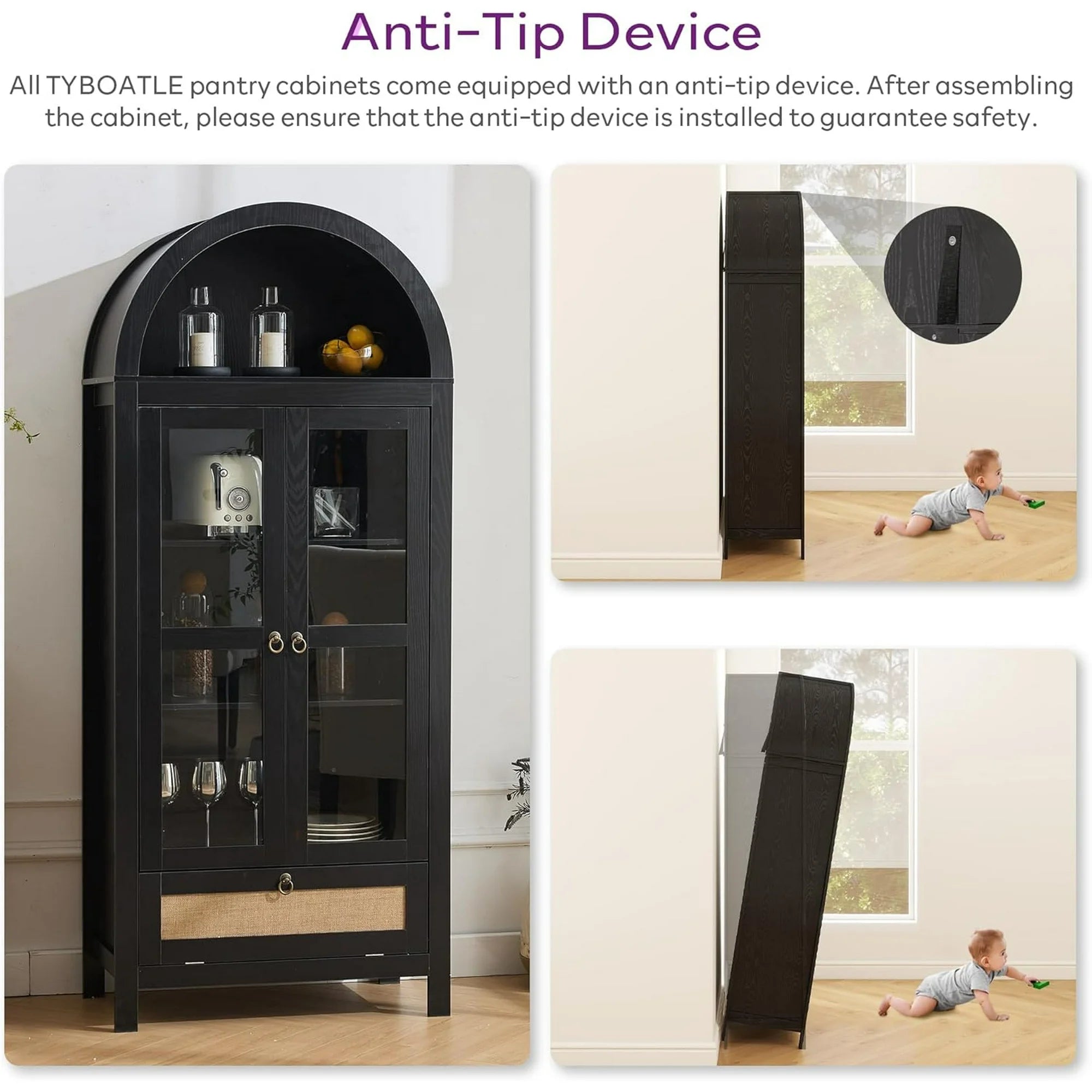 LAZZO 71" Tall Arched Pantry Cabinet with Glass Door & Drawer, Storage Cupboard with Anti-Tipping Device, Black