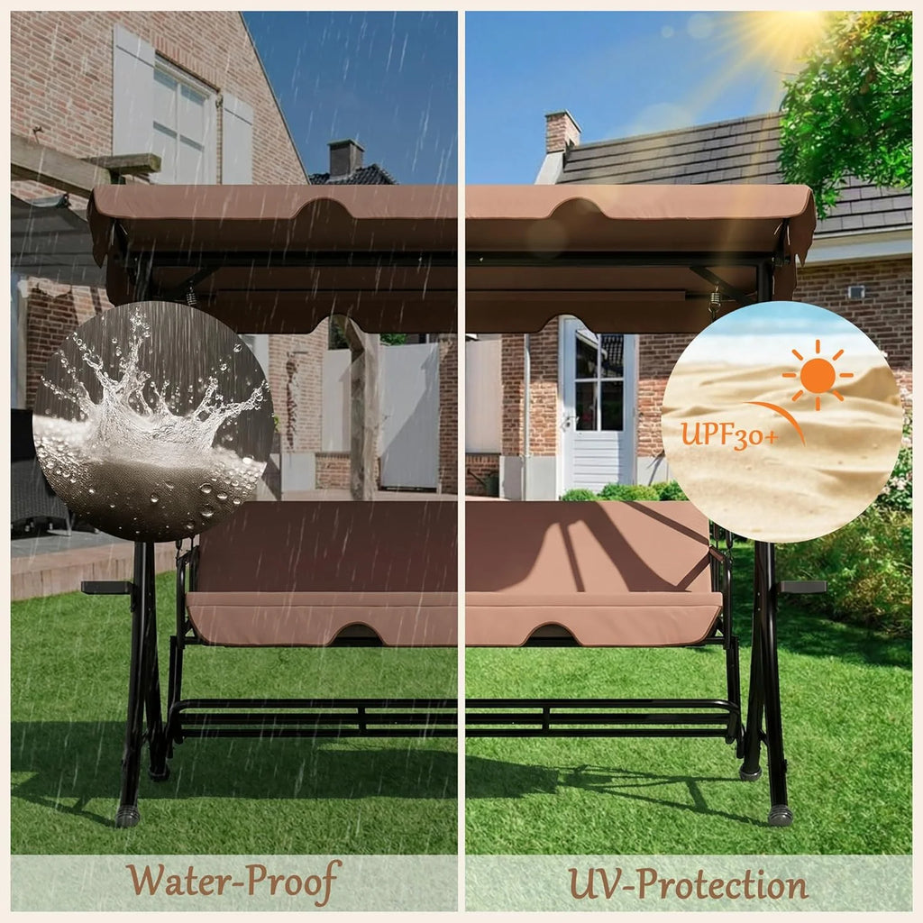 LAZZO 3-Seat Outdoor Porch Swing with Stand and Footrest, Reclining Lounge Bed Convertible, Adjustable Canopy & Removable Cushions, Brown