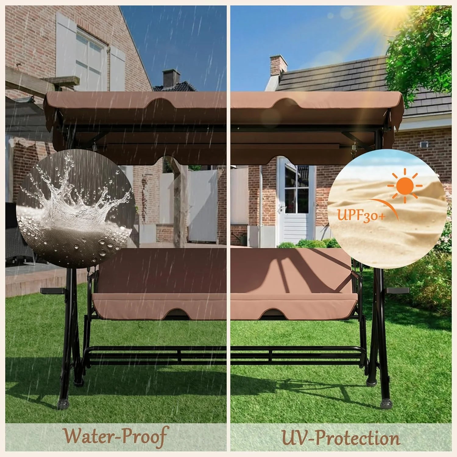 LAZZO 3-Seat Outdoor Porch Swing with Stand and Footrest, Reclining Lounge Bed Convertible, Adjustable Canopy & Removable Cushions, Brown