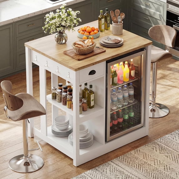 LAZZO 35.4" Farmhouse Kitchen Island with Storage, Fridge Space and Power Outlets for Small Spaces, White