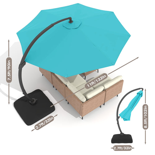 LAZZO 11ft Outdoor Patio Umbrella with Base, Aluminum Offset Cantilever Umbrella for Pool Deck, Blue