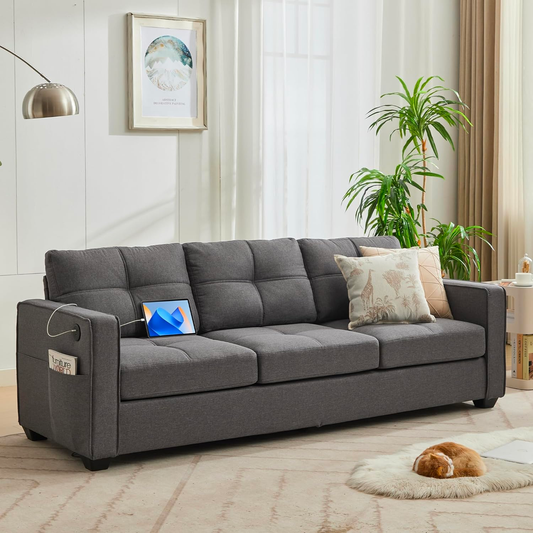 TYBOATLE 88" 3 Seater Linen Fabric Sofa Couch w/2 USB, Comfy Mid-Century Upholstered 3 Seater Couch, 3 Seat Sofa w/Wide Arms for Living Room, Bedroom, Office, Apartment