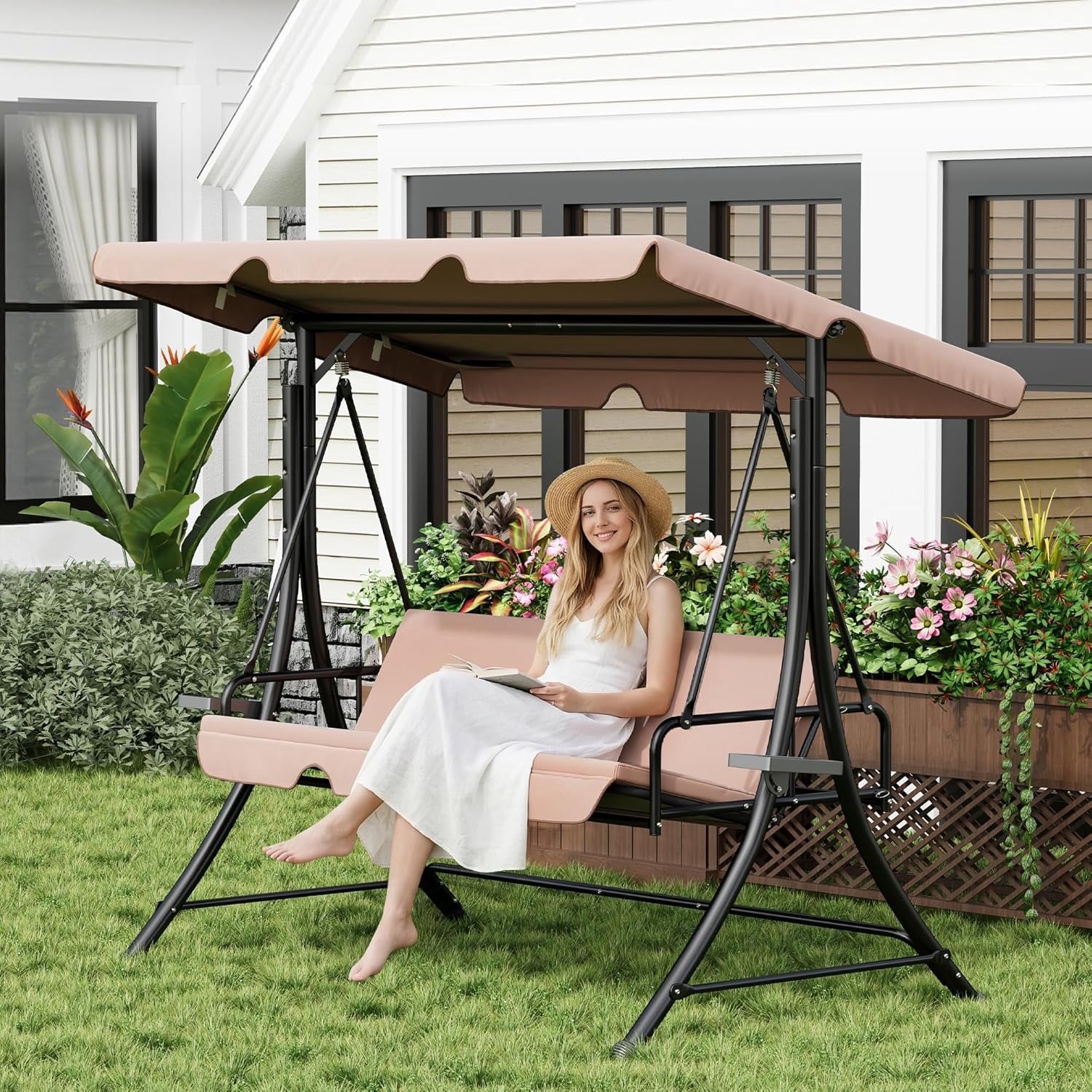 LAZZO 3-Seat Outdoor Porch Swing with Stand, Reclining Lounge Bed Convertible, Adjustable Canopy & Removable Cushions, Brown