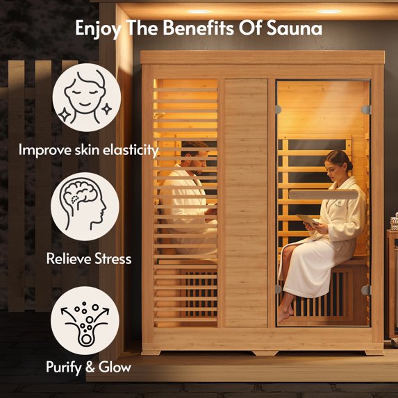 LAZZO 2-3 Person Infrared Sauna for Home, Canadian Hemlock Indoor Dry Sauna with Bluetooth Speakers, 7-Color Lighting, 2250W