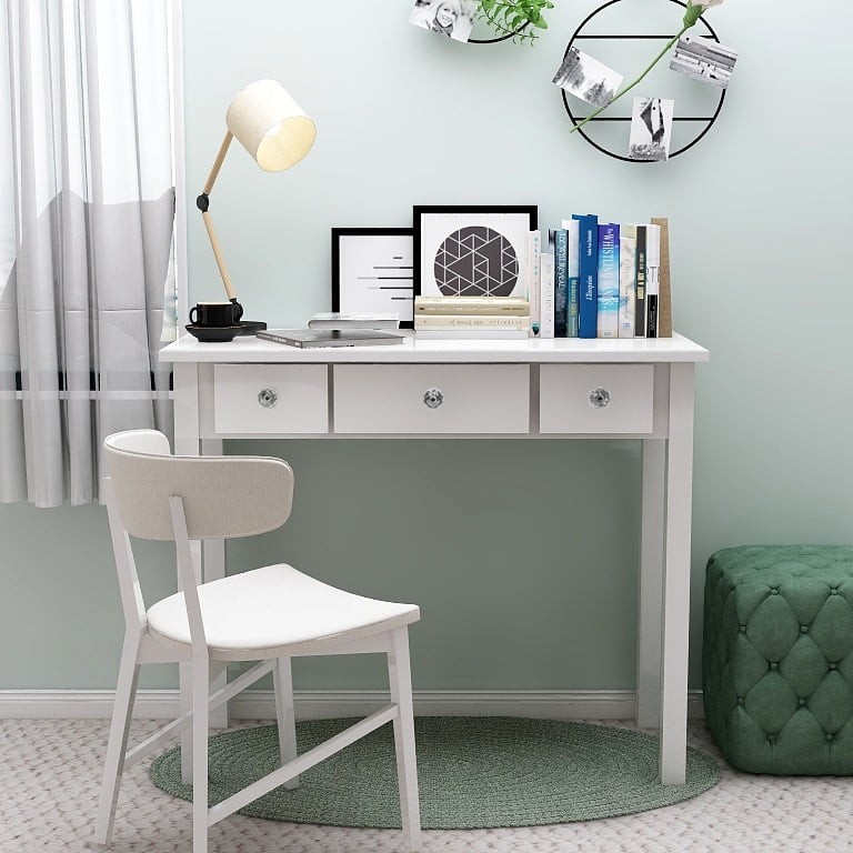 Small Writing Desk with Drawers Study Table for Adults/Student, Vanity Makeup Dressing Table White